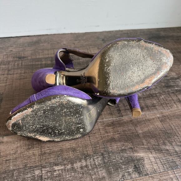 VALENTINO VINTAGE SUEDE HEEL PURPLE GOLD STRAPPY PEEP TOE SIZE 41 - Picture 9 of 11
